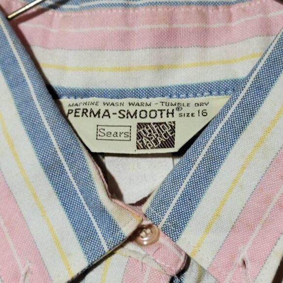 Vintage 70's Sears Pink and Blue Striped Longsleeve Button Down Shirt Size 16 - Picture 3 of 3